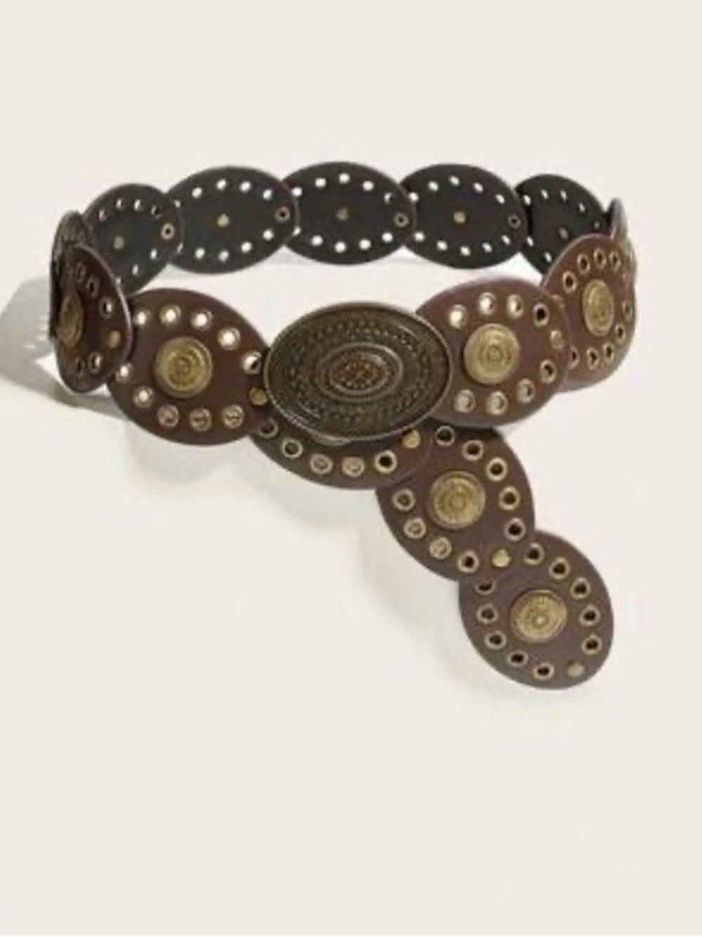 Brown Leather Medallion Circle Belt with Antiqued Brass Accents